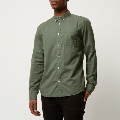 Khaki green twill long sleeve shirt